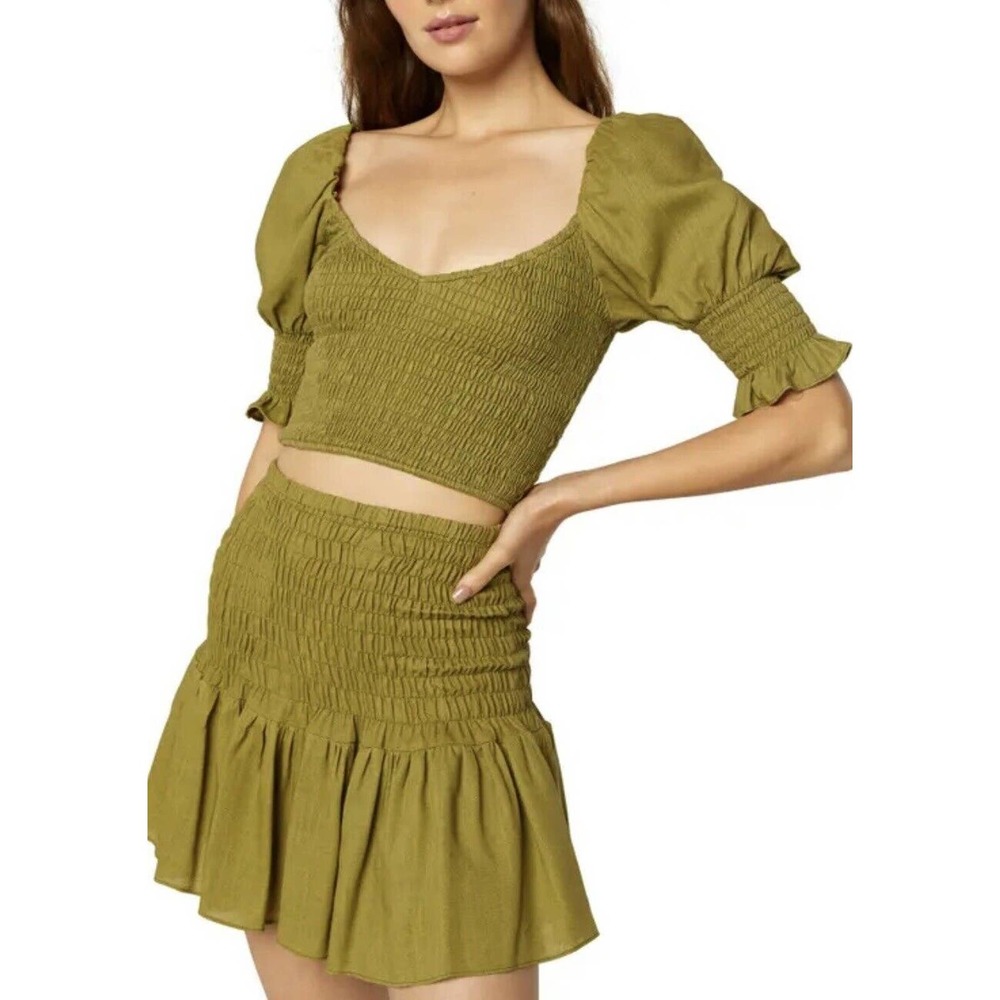 NWOT Misa Los Angeles‎ Women Calla Smocked Crop Top Small Puff Sleeves Olive